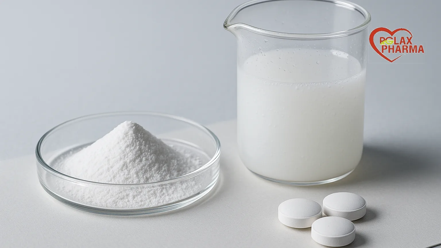 White aqueous coating powder with a beaker of dispersion and film coated tablets