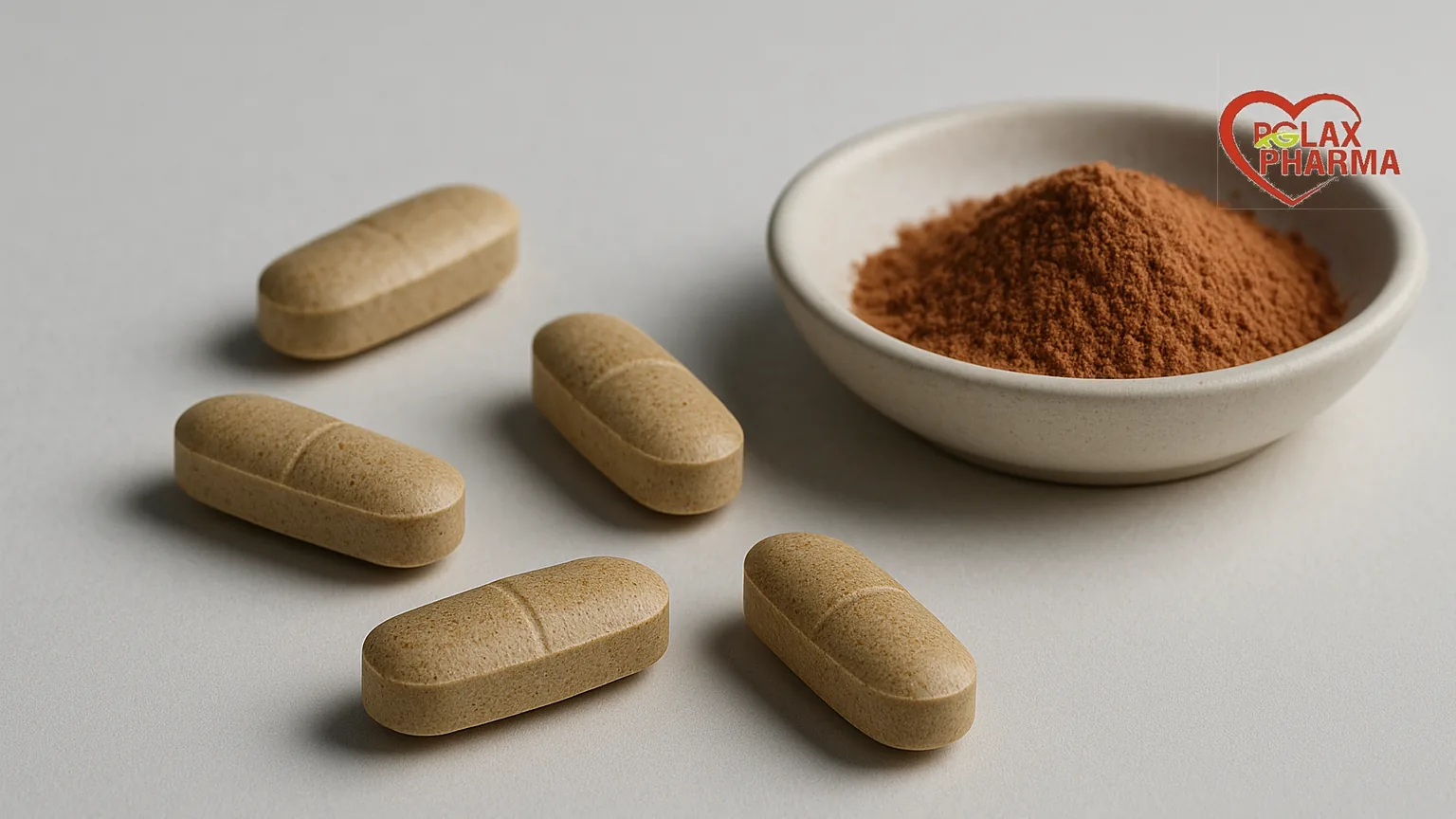 Earth toned coated ayurvedic tablets beside natural pigment powder