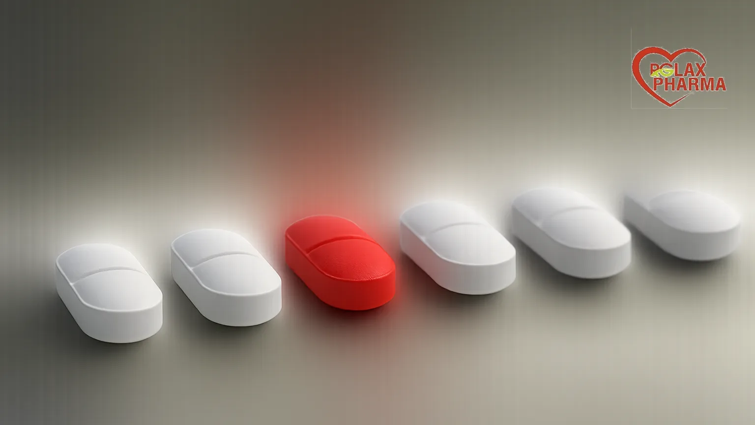 A row of film coated pharmaceutical tablets