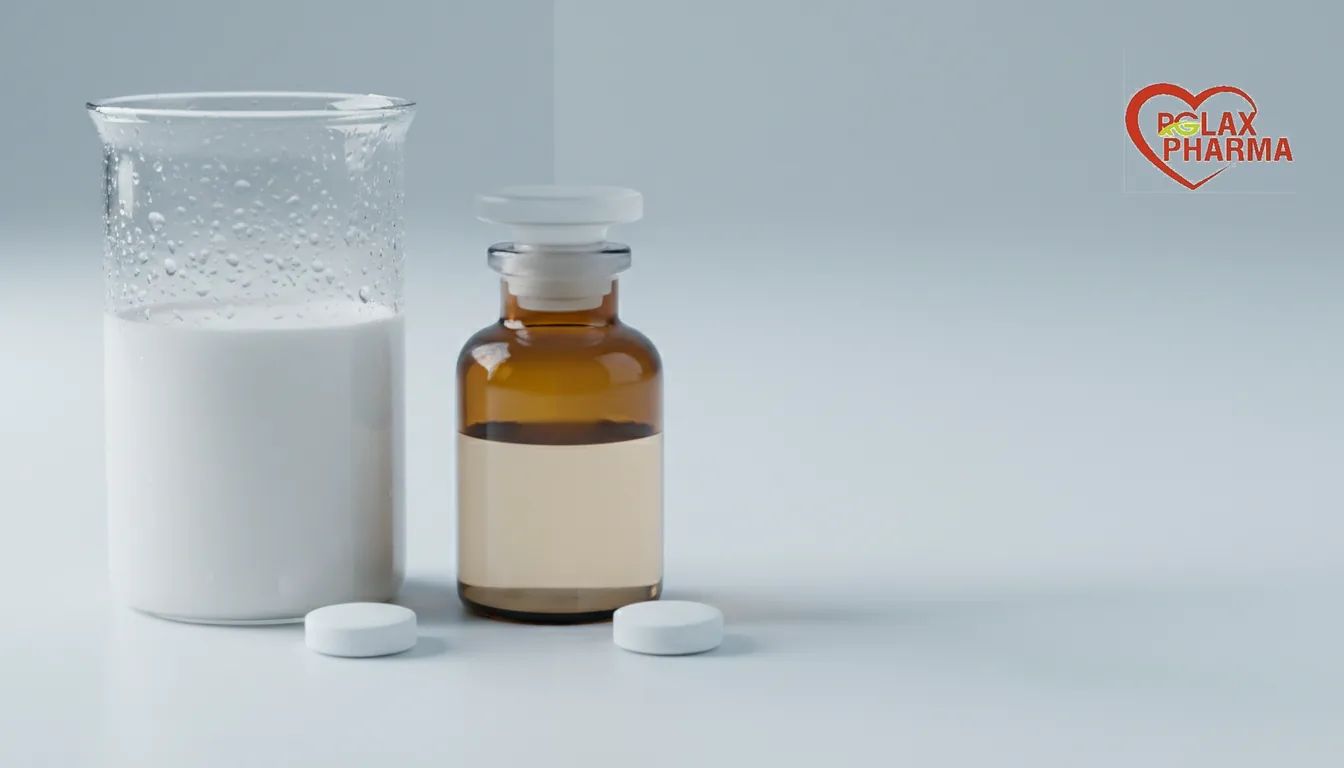 A beaker of water-based dispersion beside an amber solvent bottle