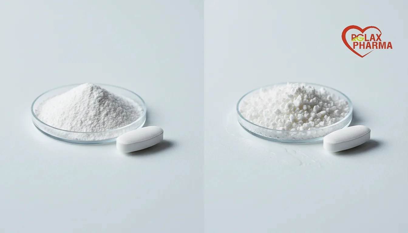 A dish of hypromellose beside a dish of polyvinyl alcohol, with a coated tablet at each