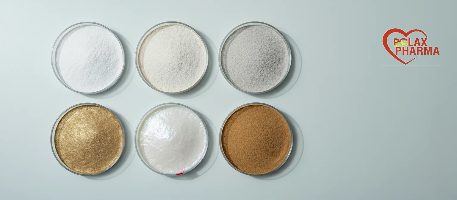 Six dishes of different coating powders