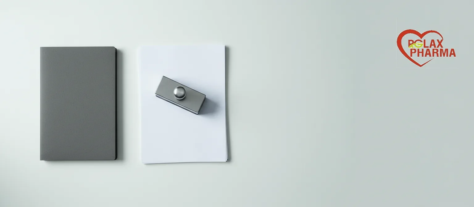 A document wallet, blank sheets and a stamp on a desk