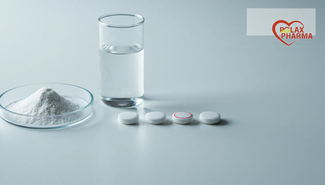 Hypromellose powder beside a beaker of solution and glossy coated tablets