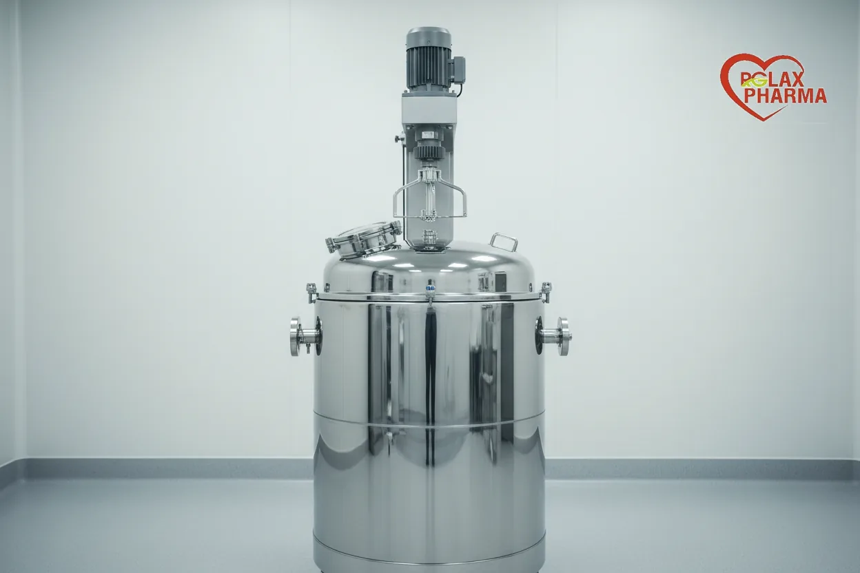 A jacketed stainless mixing vessel with a top-mounted stirrer